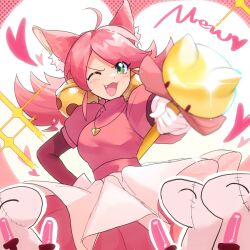  1girl :d ;d animal_ear_fluff animal_ears cat_ears cat_girl deltarune dress dummy_(undertale) fang glowstick heart heart_necklace highres holding holding_glowstick holding_staff jewelry kelehaoguyipingzi long_hair mad_mew_mew necklace one_eye_closed pink_dress pink_hair signature smile solo staff utdr_(toby_fox) 