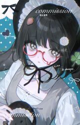  1girl :< absurdres animal_ears black_bonnet black_bow black_eyes black_hair black_rabbit_(animal) black_ribbon blue_background bonnet bow chromatic_aberration closed_mouth clover commission detached_collar floppy_ears food-themed_hair_ornament glasses grey_vest hair_ornament heart highres long_hair lop_rabbit_ears mihuashi_commission narutomaki_hair_ornament original polka_dot polka_dot_background rabbit rabbit_ears raised_inner_eyebrows red-framed_eyewear ribbon round_eyewear semi-rimless_eyewear shirt solo strawberry_hair_ornament teardrop-framed_glasses upper_body variant_set vest watermark white_shirt zhenguoguoguo 