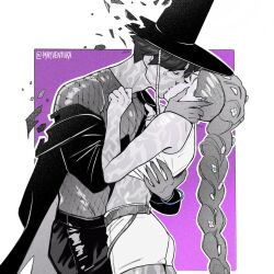  1boy 1girl body_markings braid braided_ponytail closed_eyes commentary gat_(hat) greyscale greyscale_with_colored_background hat highres hug instagram_username jinu_(kpop_demon_hunters) kiss kpop_demon_hunters mayventura_art monochrome profile purple_background rumi_(kpop_demon_hunters) short_hair shorts 