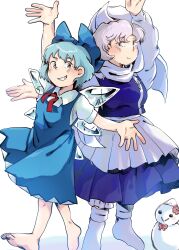  2girls apron arms_up barefoot blue_bow blue_dress blue_hair blue_skirt blue_vest blush bow bowtie character_snowman cirno collared_shirt commentary_request dress grey_eyes grin hair_bow hat highres ice ice_wings kokechankokko letty_whiterock lily_white long_sleeves multiple_girls outstretched_arms pants purple_hair red_bow red_bowtie scarf shirt short_sleeves sideways_glance skirt smile snowman socks toes touhou trident_ornament vest white_apron white_background white_hat white_pants white_scarf white_shirt white_socks wings 