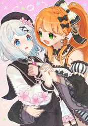  2girls absurdres belt beret black_choker black_coat black_dress black_hat blonde_hair blue_eyes bow braid character_request choker coat collared_coat commentary_request cosplay cross cross_earrings detached_sleeves dress earrings flower flower-trimmed_shorts flower-trimmed_sleeves frilled_choker frilled_dress frilled_skirt frilled_sleeves frills gakuen_idolmaster green_eyes hair_bow hair_flower hair_ornament hat hat_flower hat_ribbon highres holding_hands idolmaster interlocked_fingers jewelry long_hair long_sleeves mahou_shoujo_no_majo_saiban mole mole_under_eye multiple_girls neck_ribbon open_mouth pants ribbon saeki_miria saeki_miria_(cosplay) sakuraba_ema sakuraba_ema_(cosplay) shirt short_hair shorts skirt sleeveless sleeveless_coat sleeveless_dress smile srkw003 thigh_strap white_flower white_hair white_pants white_ribbon white_shirt white_shorts white_sleeves wide_sleeves x_hair_ornament yuri 