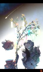  3girls blue_bow blue_hair bow brown_hair cloak commentary dated disembodied_head dress fins floating_head grass_root_youkai_network green_kimono hair_bow head_fins highres imaizumi_kagerou japanese_clothes kimono kokechankokko letterboxed long_hair multiple_girls night obi red_cloak red_hair sash sekibanki shooting_star short_hair sky smile star_(sky) starry_sky tanabata touhou tree untranslatable_commentary wakasagihime white_dress 