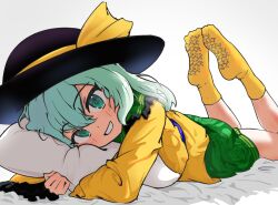  1girl black_hat blush english_text floral_print frills full_body green_eyes green_hair green_skirt hat hug komeiji_koishi long_sleeves looking_at_viewer lying miniskirt on_bed on_stomach open_mouth pillow shirt simple_background skirt smile socks solo stirfriedspam touhou white_background yellow_shirt yellow_socks 