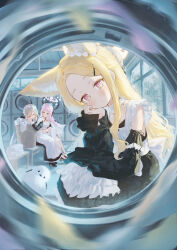  3girls absurdres animal_ears basket black_sleeves blonde_hair blue_archive brown_hair commentary detached_sleeves english_commentary enmaided eshineko fox_ears fox_girl hair_ornament hairclip halo highres indoors laundry laundry_basket long_hair maid mika_(blue_archive) multiple_girls nagisa_(blue_archive) pink_eyes pink_hair seia_(blue_archive) sleeping smile tea_party_(blue_archive) washing_machine washing_machine_interior white_wings window wings 