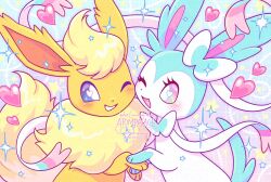  :d alternate_color animal_focus atom_palace blue_background blue_fur bow bright_pupils fang flareon fluffy grin heart heart_in_eye highres looking_at_another neck_fur no_humans one_eye_closed open_mouth orange_fur pink_eyes pokemon pokemon_(creature) pokemon_focus ribbon shiny_pokemon simple_background smile sylveon symbol_in_eye two-tone_fur upper_body violet_eyes white_fur white_pupils yellow_fur 