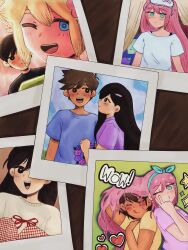  >_< 2girls 4boys absurdres alternate_costume aubrey_(faraway)_(omori) aubrey_(omori) basil_(faraway)_(omori) basil_(omori) berry_(extrauuberry) black_eyes black_hair black_shirt blonde_hair blue_eyes blue_hairband blue_shirt blush bright_pupils brother_and_sister brothers brown_hair closed_eyes closed_mouth commentary dark-skinned_male dark_skin double-parted_bangs english_commentary flower hair_between_eyes hair_flower hair_ornament hairband hairclip hero_(faraway)_(omori) hero_(omori) highres kel_(faraway)_(omori) kel_(omori) long_hair looking_at_another looking_at_viewer mari_(faraway)_(omori) mari_(omori) multiple_boys multiple_girls omori open_mouth photo_(object) pink_hair purple_shirt shirt short_hair short_sleeves siblings sidelocks smile sunny_(omori) t-shirt teeth tongue tongue_out upper_teeth_only v white_pupils white_shirt yellow_shirt 