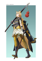  1girl absurdres alternate_costume animal_ear_fluff animal_ears arknights black_boots black_gloves black_jacket blush boots border ceobe_(arknights) chinese_commentary commentary_request dated dog_ears dog_girl dog_tail extra_ears full_body gloves gourd green_eyes highres holding holding_sword holding_weapon jacket jewelry long_hair necklace off_shoulder open_clothes open_jacket outside_border pantyhose scabbard sheath simple_background skirt solo standing sword tail very_long_hair weapon white_border white_skirt yellow_eyes yellow_pantyhose yima_(power222222) 