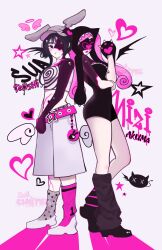  2girls absurdres alien_stage angel_wings animal_ears animal_hands asymmetrical_legwear belt black_hair cat_paws character_name crop_top demon_wings grey_hat hair_between_eyes hat highres krenberizz long_hair looking_at_viewer mismatched_legwear mismatched_socks mizi_(alien_stage) mizi_(zombie_stage) multiple_girls open_mouth pink_belt pink_hair rabbit_ears socks standing sua_(alien_stage) sua_(zombie_stage) wings zombie_stage 