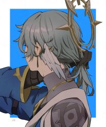  1boy arm_belt arm_up belt black_belt black_gloves blue_background blue_hair border commentary_request ear_wings earrings facing_to_the_side from_side gloves grey_shirt halo halo_behind_head halo_downfall hand_in_own_hair highres honkai:_star_rail honkai_(series) jewelry long_hair long_sleeves male_focus piercing shirt solo sunday_(honkai:_star_rail) upper_body white_border wide_sleeves 