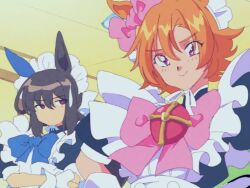 2girls 80s admire_vega_(umamusume) blue_bow blush brown_eyes brown_hair hair_ornament horse_ears horse_girl maid_dress maid_headdress no_mouth orange_hair pink_bow ponytail puffy_short_sleeves ruffles short_sleeves smile t.m._opera_o_(umamusume) turtleneck umamusume violet_eyes waist_up yellow_background