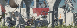  6+girls absinthe_(arknights) absurdres aiming animal_ears antlers arch arknights armor arrow_(projectile) attack axe banner bear_ears bear_girl black_gloves black_pantyhose black_shirt black_shorts black_thighhighs blue_cape blue_dress blue_eyes boulder bow_(weapon) brown_dress brown_hair brown_pants camel_ears camel_girl cape chinese_commentary commentary_request cow_girl cow_horns dark-skinned_female dark_skin day deer_antlers deer_girl drawing_bow dress fighting fire firewatch_(arknights) gears gloves grass greatsword greaves green_eyes hair_over_one_eye hammer head_wings highres holding holding_axe holding_bow_(weapon) holding_staff holding_sword holding_weapon horns irene_(arknights) jacket light_rays looking_back midair multiple_girls on_ground one_eye_covered open_clothes open_jacket outdoors pallas_(arknights) pants pantyhose pillar purple_jacket raccoon_ears raccoon_girl raidian_(arknights) red_eyes robin_(arknights) ruins running scenery shirt shorts skeleton staff statue stirrup_legwear sword thigh-highs toeless_legwear tuye_(arknights) vambraces violet_eyes war_hammer weapon white_hair white_shirt wings yellow_eyes yima_(power222222) 