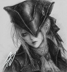  1girl bloodborne collar fromsoftware gem goth_fashion green_eyes greyscale hat hat_feather highres lady_maria_of_the_astral_clocktower long_hair looking_at_viewer monochrome one_eye_covered parted_bangs parted_lips ponytail signature simple_background somnuscaelum tricorne 