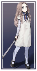 1girl black_shoes blue_background blue_bow blue_bowtie border bow bowtie commentary_request dress flat_chest full_body gradient_background highres holding holding_sword holding_weapon leggings long_hair long_sleeves looking_at_viewer looking_to_the_side m3gan m3gan_(character) multicolored_bow multicolored_bowtie sato_(r017xts117) shoes short_sleeves signature solo standing striped_bow striped_bowtie striped_clothes sword weapon white_border white_leggings 