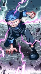  1boy black_jacket black_pants blue_hair blue_shirt chrono_(fate_rewinder) clenched_hand debris electricity fate_rewinder full_body glowing glowing_eye hand_on_ground highres holding holding_sword holding_weapon jacket kimura_fuuta_(uldorafu) lightning long_sleeves looking_at_viewer male_focus on_one_knee pants rubble scar scar_on_face shirt short_hair smile solo suit sword teeth weapon 