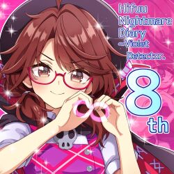  1girl anniversary black_cape blush brown_eyes brown_hair cape closed_mouth commentary_request english_text glasses hat highres keyaki_chimaki looking_at_viewer low_twintails pink_background plaid_clothes plaid_vest puffy_short_sleeves puffy_sleeves purple_vest red-framed_eyewear red_cape runes semi-rimless_eyewear shirt short_sleeves skull_ornament smile solo sparkle touhou twintails two-sided_cape two-sided_fabric under-rim_eyewear upper_body usami_sumireko vest violet_detector white_shirt zoom_layer 