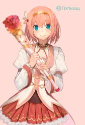  1girl aqua_eyes blush breasts cleavage_cutout closed_mouth clothing_cutout cowboy_shot hair_ornament hairband highres holding holding_staff jacket jc_(pixiv_66949345) juliet_sleeves long_sleeves petticoat pink_background pink_hair princess_connect! puffy_sleeves red_skirt short_hair skirt small_breasts smile solo staff straight-on twitter_username upper_body white_jacket yui_(princess_connect!) 