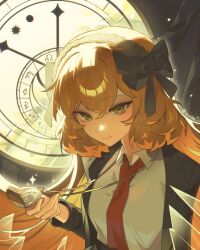  1girl black_bow black_coat bow broken_glass bygone_days_(e.g.o) clock coat collared_shirt e.g.o_(project_moon) glass hair_bow highres ion_(io_nite) ishmael_(project_moon) limbus_company necktie pocket_watch project_moon red_necktie shirt solo upper_body watch white_shirt 