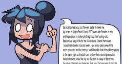  1girl aqua_background black_hair black_shirt blank_eyes edith_(teknodice) english_text gradient_background hair_bun hand_on_own_arm oekaki open_mouth original partially_shaded_face shirt short_hair solid_eyes solo solo_focus speech_bubble teknodice text_focus upper_body 