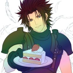  1boy armor belt birthday_cake black_gloves black_hair black_shirt blue_eyes brown_belt cake closed_mouth crisis_core:_final_fantasy_vii falling_feathers feathers final_fantasy final_fantasy_vii food gift_art gloves highres holding holding_cake holding_food holding_plate lovelessxxx69 male_focus parted_bangs pauldrons plate shirt short_hair shoulder_armor sleeveless sleeveless_turtleneck smile solo strawberry_cake suspenders turtleneck upper_body white_background white_feathers zack_fair 