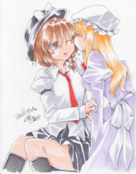  2girls asymmetrical_sidelocks black_hat black_skirt black_socks blonde_hair blush bow bowtie breasts brown_hair closed_eyes collared_shirt commentary_request dated dress hand_on_another's_arm hat hat_bow heart highres kneehighs long_hair long_sleeves maribel_hearn medium_hair mob_cap multiple_girls necktie one_eye_closed open_mouth purple_dress red_bow red_bowtie red_necktie sash shirt sidelocks signature simple_background sitting skirt sleeve_garter socks suzu_keika touhou usami_renko white_background white_bow white_hat white_sash white_shirt yuri 