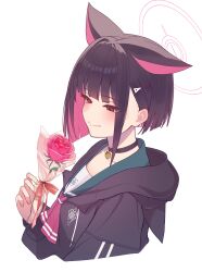  1girl absurdres animal_ears bell black_choker black_hair black_hoodie blue_archive cat_ears choker closed_mouth colored_inner_animal_ears colored_inner_hair commentary exiadoon flower from_side green_sailor_collar halo highres holding holding_flower hood hoodie kazusa_(blue_archive) multicolored_hair pink_flower pink_hair pink_halo pink_rose red_eyes rose sailor_collar short_hair simple_background smile solo untranslatable_commentary upper_body white_background 
