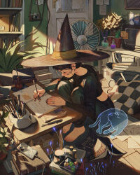  1girl absurdly_detailed_composition bandaid bandaid_on_face black_hair black_pants black_sweater bonsai bookshelf camera cat cellphone commentary crt door electric_fan english_commentary hat highres holding holding_pencil indoors jewelry knees_to_chest loaded_interior low_ponytail notebook original pants pencil phone plant ponytail potted_plant ring scenery simz sitting smartphone solo sweater witch_hat writing 