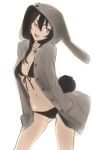  black_hair darth_wooser front-tie_top hands_in_pockets hoodie nishieda open_clothes open_shirt original shirt simple_background solo swimsuit 