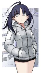  1girl bike_shorts building condenser_unit curtained_hair fence floating_hair grey_eyes grey_jacket hands_in_pockets highres jacket looking_at_viewer moyashi_(tenor366) outdoors purple_hair saiki_mio shorts solo standing thighs tsukihime tsukihime_(remake) twintails wind 