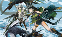  2girls above_clouds absurdres animal_ears arknights black_boots black_jacket black_thighhighs blue_sky boots breasts cat_ears cat_girl clouds colored_extremities dress flying green_dress green_eyes green_streaks highres horns jacket kal'tsit_(arknights) kal'tsit_esperanta_(arknights) long_hair medium_hair mon3tr_(arknights) multicolored_hair multiple_girls off_shoulder open_clothes open_jacket short_hair shorts_under_dress sky small_breasts staff_riding streaked_hair tail thigh-highs white_dress white_hair yima_(power222222) 