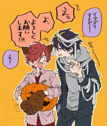  2boys akaba_(fate_rewinder) animal_ears animal_hands bandages black_hair fate_rewinder gloves hair_over_one_eye halloween highres hood hoodie jack-o'-lantern male_focus multicolored_hair multiple_boys necktie null25070 open_mouth paw_gloves polka_dot polka_dot_background red_hair sharp_teeth shirai_(fate_rewinder) teeth wolf_ears 