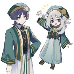  1boy 1girl akademiya_uniform alternate_costume arm_at_side arm_up arms_at_sides beret black_eyes black_vest blunt_ends bright_pupils choppy_bangs clenched_hand commentary_request diamond_hair_ornament eyelashes eyeliner gem genshin_impact ggg_sya gold_collar gold_trim green_gem green_hat green_jacket green_sleeves grey_hair hair_between_eyes hair_ornament hat highres jacket long_sleeves looking_at_viewer makeup medium_hair midair notice_lines open_clothes open_hands open_jacket open_mouth paimon_(genshin_impact) parted_lips red_eyeliner robe scaramouche_(genshin_impact) tsurime vest white_hair white_mouth white_pupils white_robe 