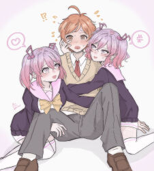  1boy 2girls ahoge blazer blush bow brown_eyes collared_jacket collared_shirt danganronpa_another eat_xx12 flustered gradient_hair hair_between_eyes hair_ornament highres hug hug_from_side jacket long_sleeves maeda_yuki multicolored_hair multiple_girls musical_note musical_note_hair_ornament necktie open_clothes open_mouth orange_hair otonokoji_hibiki otonokoji_kanade pants pink_eyes pink_hair pink_sailor_collar purple_hair purple_jacket red_necktie sailor_collar shirt short_hair siblings simple_background sisters sitting sixteenth_note smile straight-on super_danganronpa_another_2 sweater_vest thigh-highs twins twintails v-neck vest wavy_hair white_shirt white_thighhighs yellow_bow 