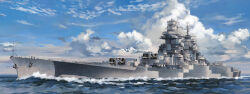  anchor anti-aircraft_gun battleship blue_sky cannon clouds day free_french_navy highres mast military_vehicle ocean original outdoors radar richelieu_(battleship) ship ship_turret sky smokestack vehicle_focus wake_(wave) warship watercraft waving yorktown_cv-5 