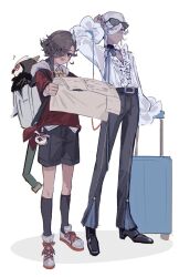 2boys absurdres adjusting_eyewear ascalaphus_(fate) ascalaphus_acheron_(fate) backpack bag belt bird brown_eyes brown_hair choker dark-skinned_male dark_skin earrings eyewear_on_head fate/grand_order fate_(series) frilled_shirt frills full_body grey_eyes grey_hair grey_pants hand_on_eyewear hand_up highres holding holding_paper hood hoodie jewelry long_sleeves mero_(merope_hika) multiple_boys necktie one_eye_closed open_mouth owl pants paper rolling_suitcase shirt shorts socks standing suitcase sunglasses white_background 