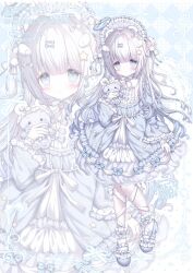  1girl :o black_bow black_choker black_ribbon blue_bow blue_dress blue_eyes blue_shoes blush bow choker dress footwear_bow frilled_dress frilled_sleeves frills full_body grey_hair hair_bow headdress highres holding holding_stuffed_toy long_hair long_sleeves mofuuneko multiple_hair_bows open_mouth original pom_pom_(clothes) ribbon ribbon_choker shoes solo stuffed_toy watermark 