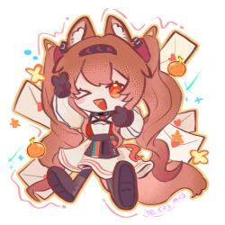  >_o 1girl :d ;d angelina_(arknights) angelina_the_mellow_wish_(arknights) animal_ear_fluff animal_ears arknights artist_name black_collar black_gloves black_hairband brown_hair chibi chibi_only collar dress earpiece food fox_ears fox_girl fruit full_body gloves hair_between_eyes hairband highres infection_monitor_(arknights) letter long_hair long_sleeves looking_at_viewer one_eye_closed open_mouth orange_(fruit) outline smile solo standing transparent_background twintails v very_long_hair white_dress ye_cosmos 