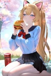  1girl :t animal_ears barefoot ben-day_dots black_sailor_collar black_skirt blonde_hair blue_eyes blurry blurry_background bow bowtie breasts bright_pupils burger cat_ears cherry_blossoms closed_mouth commentary dadamyu day double-parted_bangs eating facial_mark falling_petals feet food grass hair_ornament hairclip highres holding holding_burger holding_food long_hair long_sleeves looking_at_viewer medium_breasts non-circular_lens_flare original outdoors petals picnic_blanket pleated_skirt ponytail red_bow red_bowtie sailor_collar school_uniform screentones shirt sitting skirt solo thermos tree very_long_hair wariza whisker_markings white_pupils white_shirt 