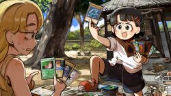  2girls :d absurdres ball bicycle bicycle_basket bird black_hair blonde_hair blue_eyes blue_shorts card chicken diva_(hyxpk) dress duck earrings english_commentary eyelashes grey_hair highres holding holding_card jewelry long_hair multiple_girls original playing_card_game playing_games pokemon pokemon_tcg red_shoes shirt shoes short_hair shorts shrine smile soccer_ball stud_earrings sweat tamagotchi tree white_shirt yellow_dress 