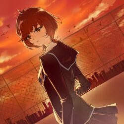  1girl absurdres ameko0617 bird black_jacket black_skirt brown_eyes brown_hair clouds evening from_behind highres jacket long_sleeves looking_at_viewer looking_back open_mouth pleated_skirt short_hair skirt solo yu-gi-oh! yu-gi-oh!_vrains zaizen_aoi 