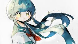  1girl ahoge ahoge_girl_(jimini_shijimi) aqua_hair aqua_sailor_collar aqua_serafuku blunt_bangs blush_stickers closed_mouth commentary_request from_side highres jimini_shijimi looking_at_viewer looking_to_the_side neckerchief no_pupils original pleated_skirt red_neckerchief sailor_collar school_uniform serafuku short_eyebrows short_sleeves sidelocks simple_background skirt solo upper_body white_background yellow_eyes 