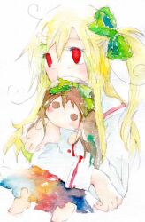  1girl 2000s_(style) blonde_hair blush bow commentary_request doll green_bow hair_bow holding holding_doll hugging_doll hugging_object long_hair long_sleeves looking_afar mikoru one_side_up original painting_(medium) red_eyes shirt simple_background solo traditional_media upper_body watercolor_(medium) white_background white_shirt 