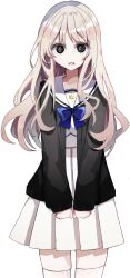  1girl @_@ black_cardigan black_eyes blue_bow blue_bowtie bow bowtie cardigan game_asset grey_hair highres hokuto1017 kobayakawa-san_ha_soullike large_variant_set long_hair long_sleeves looking_at_viewer non-web_source open_cardigan open_clothes open_mouth pleated_skirt sailor_collar self-datamine simple_background skirt solo sweatdrop thigh-highs transparent_background variant_set white_sailor_collar white_skirt white_thighhighs 