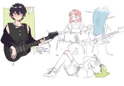  4girls agott_arklaum_(tongari_boushi_no_atelier) alternate_costume arm_tattoo bare_shoulders bass_guitar belt blush cardigan coco_(tongari_boushi_no_atelier) contemporary cowboy_shot curly_hair double_bun drum drum_set drumsticks english_text full_body hair_bun headbanging highres holding holding_bass_guitar holding_instrument holding_microphone hood hoodie instrument jewelry long_hair long_sleeves lying microphone multiple_girls necklace off_shoulder on_back on_one_knee overalls pants pink_hair playing_bass_guitar playing_instrument purple_hair ribbon richeh_(tongari_boushi_no_atelier) shirt shoes short_hair shorts singing sleeveless smirk socks standing sunglasses sweat sweater t-shirt tank_top tattoo tetia_(tongari_boushi_no_atelier) tongari_boushi_no_atelier violet_eyes white_background youshie 