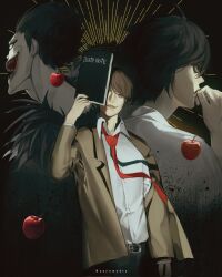  3boys apple bags_under_eyes belt_buckle black_feathers black_hair black_pants brown_hair brown_jacket buckle collared_shirt commentary death_note death_note_(object) english_commentary feather_trim feathers food fruit hair_between_eyes halo hand_to_own_mouth highres holding holding_notebook jacket l_(death_note) male_focus multiple_boys necktie no_eyebrows notebook open_mouth pants parted_lips red_necktie ryuk sharp_teeth shinigami shirt short_hair skirt smile suit_jacket teeth upper_body white_shirt white_skirt yagami_light yorumudts 