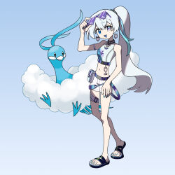  1girl absurdres adjusting_eyewear belt belt_pouch bird blue_background blue_belt blue_bird blue_eyes blue_nails blue_ribbon blue_tongue breasts colored_tongue crop_top earrings eyewear_on_head full_body genmu_kumotori gradient_background hair_ornament hand_on_eyewear heart heart_earrings heterochromia highres indie_virtual_youtuber jewelry kcllmingqi navel open_mouth pale_skin pixel_sunglasses ponytail pouch ribbon sandals shirt shorts sleeveless sleeveless_shirt sunglasses thigh_strap violet_eyes virtual_youtuber white_background white_hair 