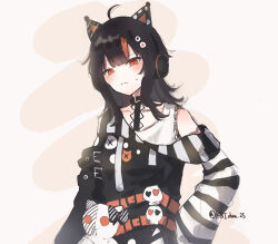  1girl ahoge animal_ear_headphones animal_ears arm_belt artist_name asymmetrical_sleeves bare_shoulders belt belt_collar black_choker black_hair black_sweater cat_ear_headphones cat_ears choker closed_mouth collar collarbone commentary_request cross-laced_clothes cross-laced_dress dress eyeball_hair_ornament fake_animal_ears headphones highres kasai_(ksichan_25) layered_dress long_sleeves looking_at_viewer mahou_shoujo_no_majo_saiban multicolored_hair off-shoulder_sweater off_shoulder orange_eyes orange_streaks sawatari_coco shirt short_hair signature simple_background single_bare_shoulder skirt skull solo streaked_hair striped_sleeves stuffed_animal stuffed_cat stuffed_toy sweater twitter_username white_background white_shirt white_skirt 