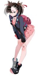  1girl absurdres backpack bag black_boots black_collar black_hair black_jacket boots closed_mouth collar commentary_request dress earrings full_body green_eyes hair_ribbon hands_on_own_legs highres jacket jewelry knees korean_commentary leaning_forward long_sleeves marnie_(pokemon) pink_bag pink_dress pokemon pokemon_sword_and_shield red_ribbon ribbon rlarms1810 simple_background solo white_background 