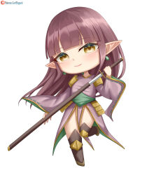  1girl absurdres armor blunt_bangs blush brown_eyes brown_hair chibi closed_mouth commission commissioner_upload dress earrings elf full_body highres holding holding_sheath holding_sword holding_weapon jewelry katana long_hair long_sleeves looking_at_viewer lori_hagami official_art pointy_ears purple_dress purple_hair sheath simple_background smile solo standing standing_on_one_leg sword unsheathing ways_of_darkness_(series) weapon white_background wide_sleeves yellow_eyes ypsel 
