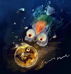  bubble commentary_request glint golden_egg_(splatoon) highres no_humans red_hair salmon_run_(splatoon) smallfry_(splatoon) solo splatoon_(series) splatoon_3 swimming underwater vino_969 