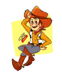  1boy animal_print animification brown_hair copyright_name cow_print cowboy cowboy_hat hat long_sleeves male_focus nhbzzdy open_mouth sheriff_woody shirt short_hair simple_background smile solo toy_story vest 